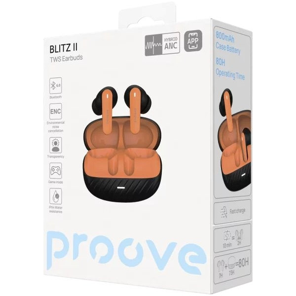 Bluetooth-гарнітура Proove Blitz II TWS with Hybrid ANC (APP) Black/Orange (TWBL2001AP20)