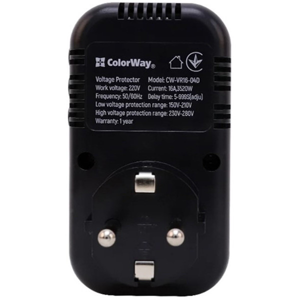 Реле напряжения ColorWay (16A/3680W) 150V-210V/230V-280V DS1 Black (CW-VR16-04D)