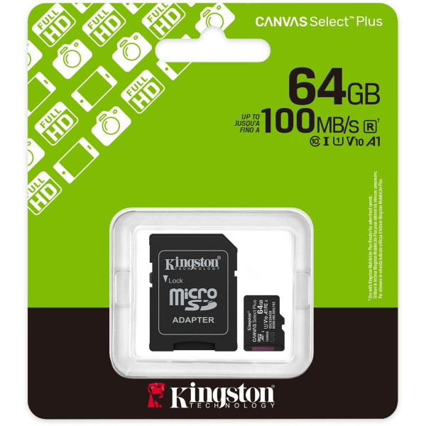 Карта памяти Kingston Canvas Select Plus microSDHC 64GB UHS-I R100MB/s + адаптер (SDCS3/64GB)