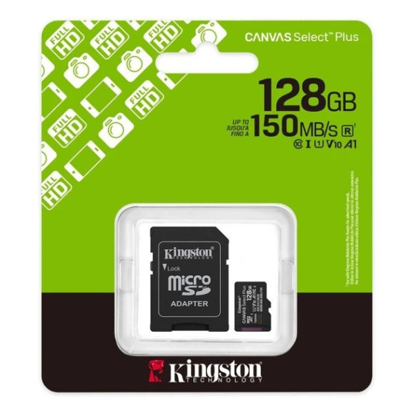 Карта памяти Kingston microSDXC 128GB Canvas Select Plus UHS-I R150MBs + SD-адаптер (SDCS3/128GB)