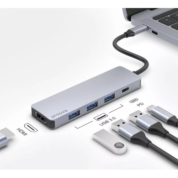 USB HUB  Proove Iron Link 5 in 1 (3*USB3.0 + Type C + HDMI) Silver (HBIL00010604)