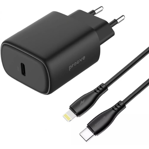 Сетевое зарядное устройство Proove Silicone Power 2 20W (Type-C) + cable Type-C to Lightning 1m Black (WCSP22010001)