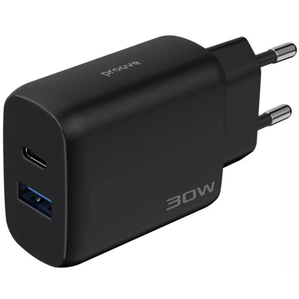 Сетевое зарядное устройство Proove Silicone Power 2 30W (Type-C + USB) + cable Type-C to Type-C 1m Black (WCSP23011001)