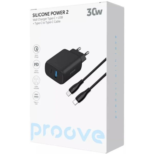 Сетевое зарядное устройство Proove Silicone Power 2 30W (Type-C + USB) + cable Type-C to Type-C 1m Black (WCSP23011001)