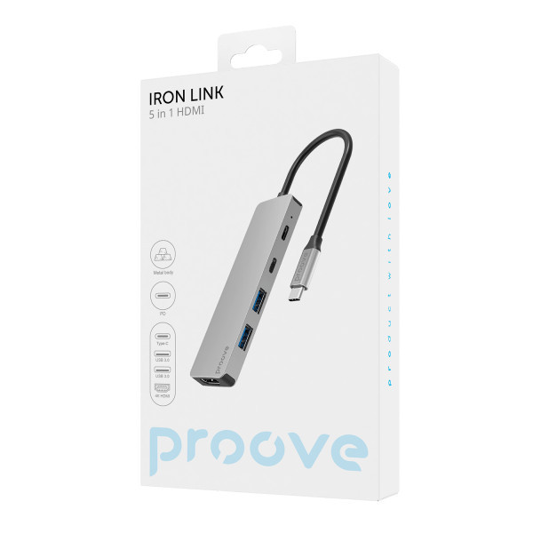 USB HUB Proove Iron Link 5 in 1 (2*Type-C + 2*USB3.0 + HDMI) Silver (HBIL00222024)