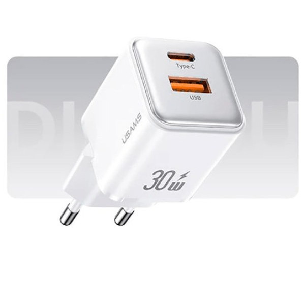 Мережевий зарядний пристрій Usams US-CC189 double USB-A/USB-C QC&PD3.0 30W 3A White