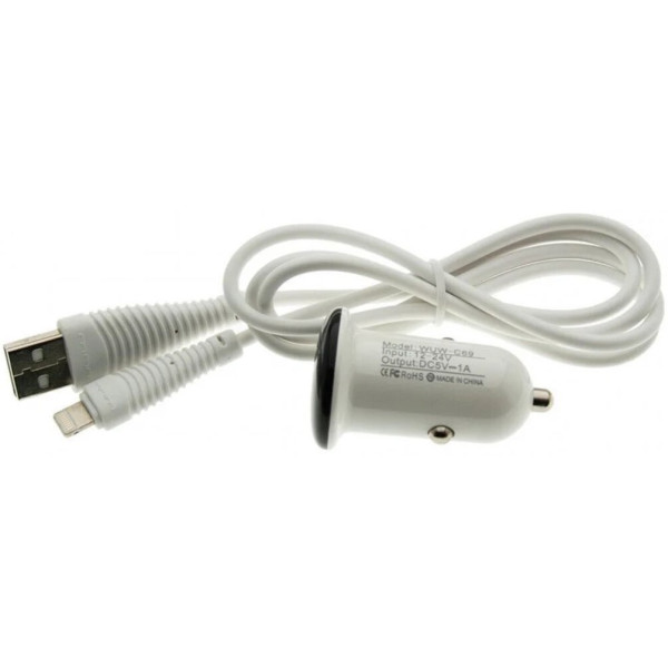 Автомобільний зарядний пристрій WUW T21 (1USB, 1А) + Lightning cable White